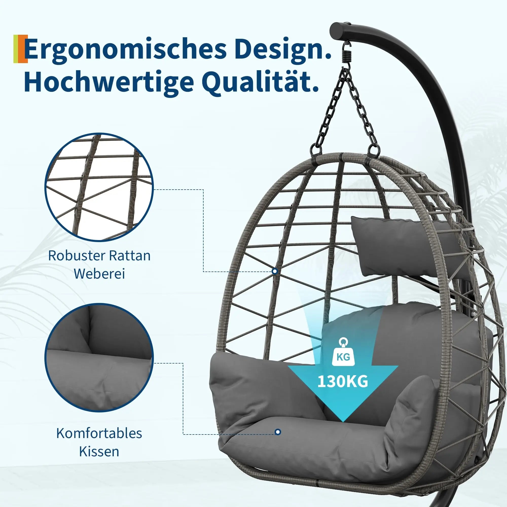 Hanging Egg Chair with Stand Waterproof Cushion & Headrest Lounge Hammock W/Rain Cover for Indoor Outdoor Garden Patio Balcony