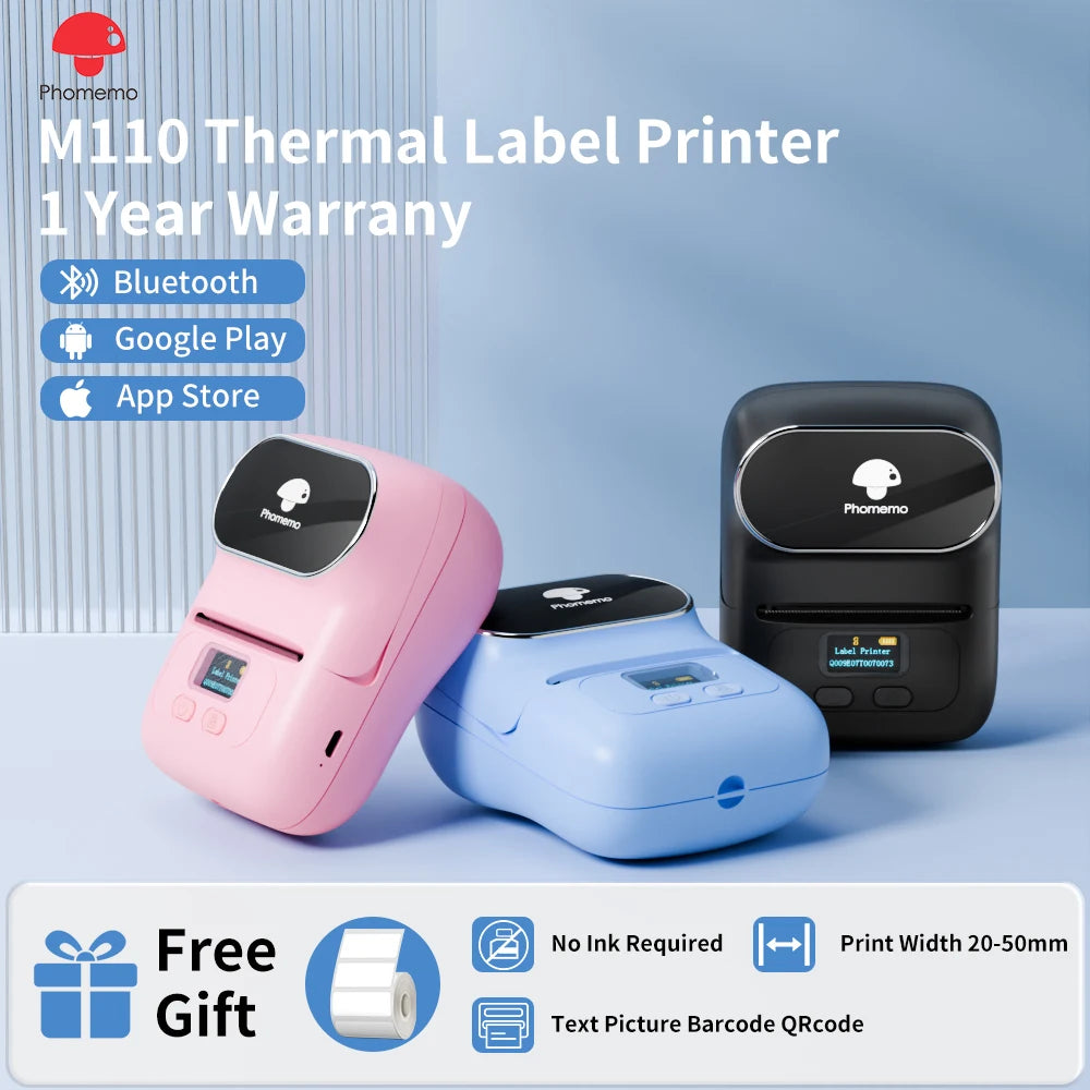 Phomemo M110 Label Makers Barcode Label Printer Bluetooth Portable Thermal Printer for Small Business Address Logo Clothing