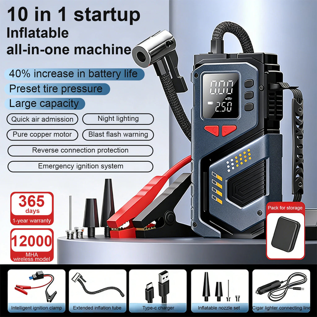 Portable Jump Starter With Air Compressor For 12V Petrol Diesel Car 150 PSI Car Tires Air Pump with LED Lights & Pressure Gauge