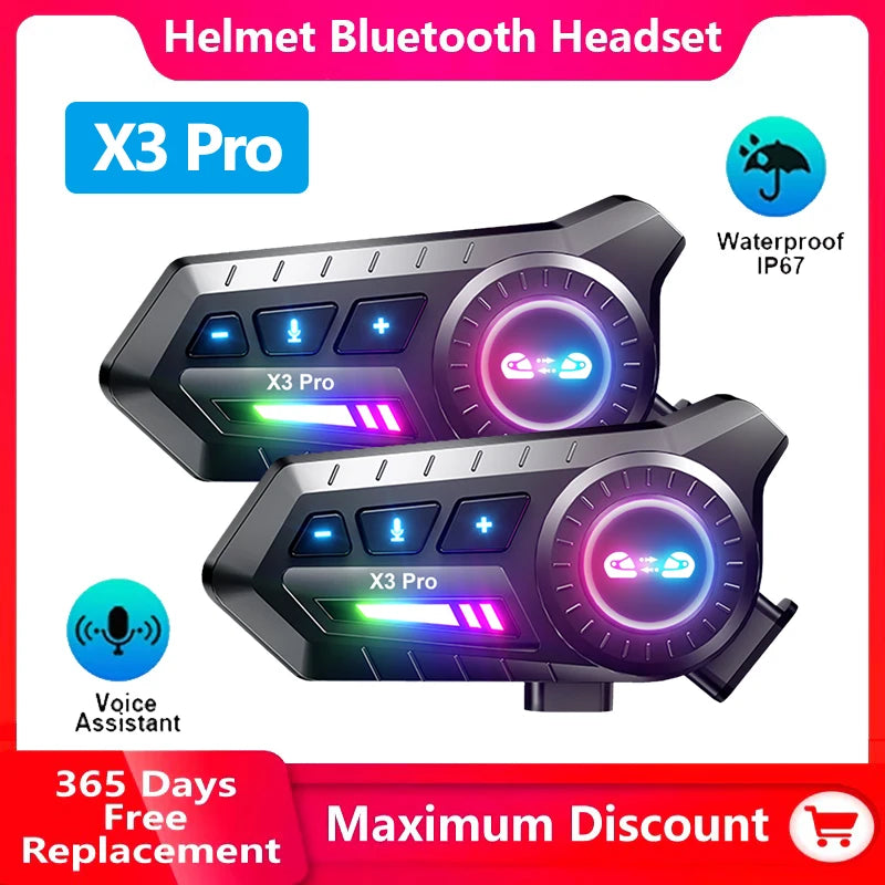 X3 Pro Motorcycle Helmet Bluetooth Headset 2-Riders Intercom 1000M BT6.0 IPX6 Waterproof Voice Assistant NoiseReduction FM Radio