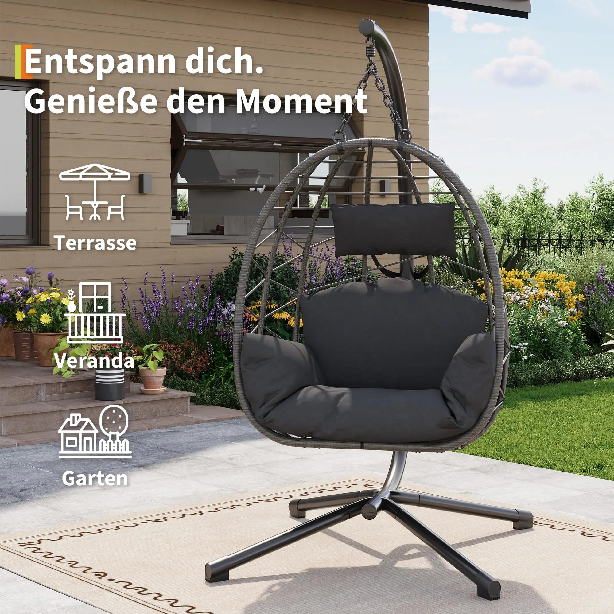 Hanging Egg Chair with Stand Waterproof Cushion & Headrest Lounge Hammock W/Rain Cover for Indoor Outdoor Garden Patio Balcony