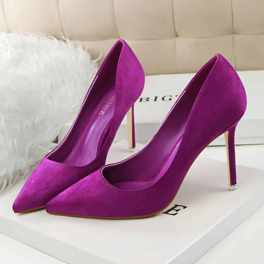 Women 9cm High Heels Yellow Burgundy Pumps Plus Size Stripper Suede Escarpins Lady Wedding Bridal Scarpins Green Blue Prom Shoes