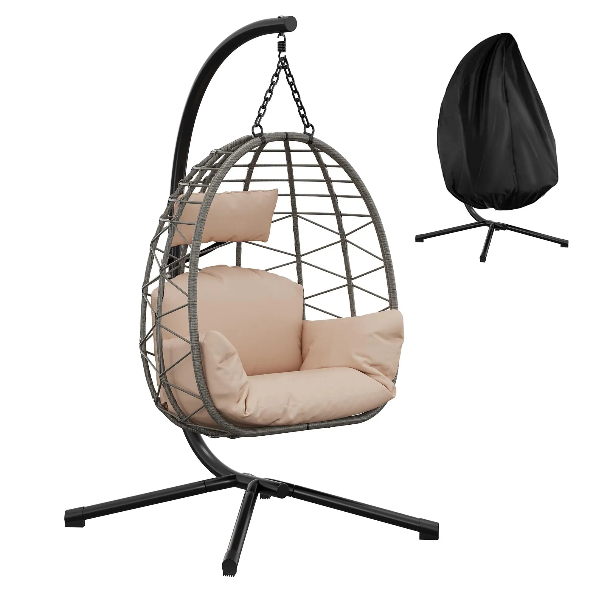 Hanging Egg Chair with Stand Waterproof Cushion & Headrest Lounge Hammock W/Rain Cover for Indoor Outdoor Garden Patio Balcony