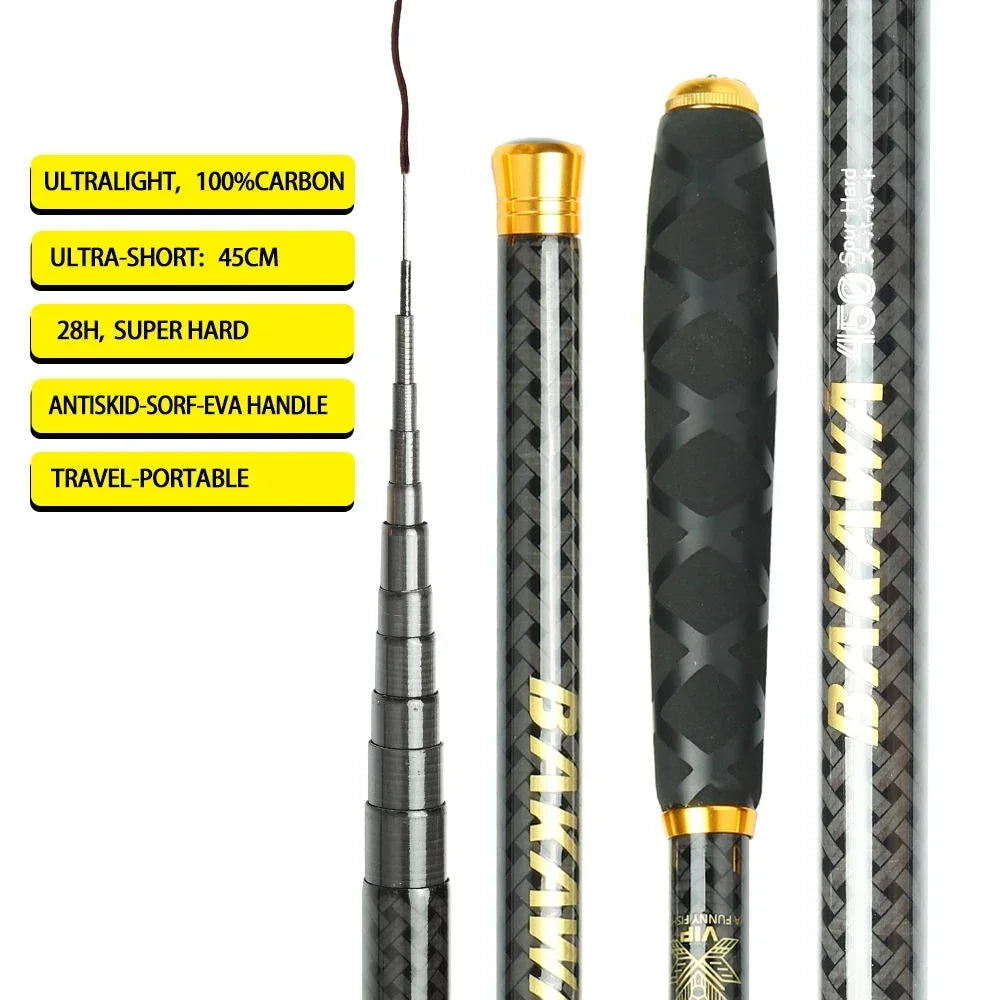 BAKAWA Ultralight Hard Carbon Fiber Hand Fishing Rod Telescopic 2.7M/3.6M/4.5M/5.4M/6.3M/7.2M Stream Pole Mini Travel Pesca